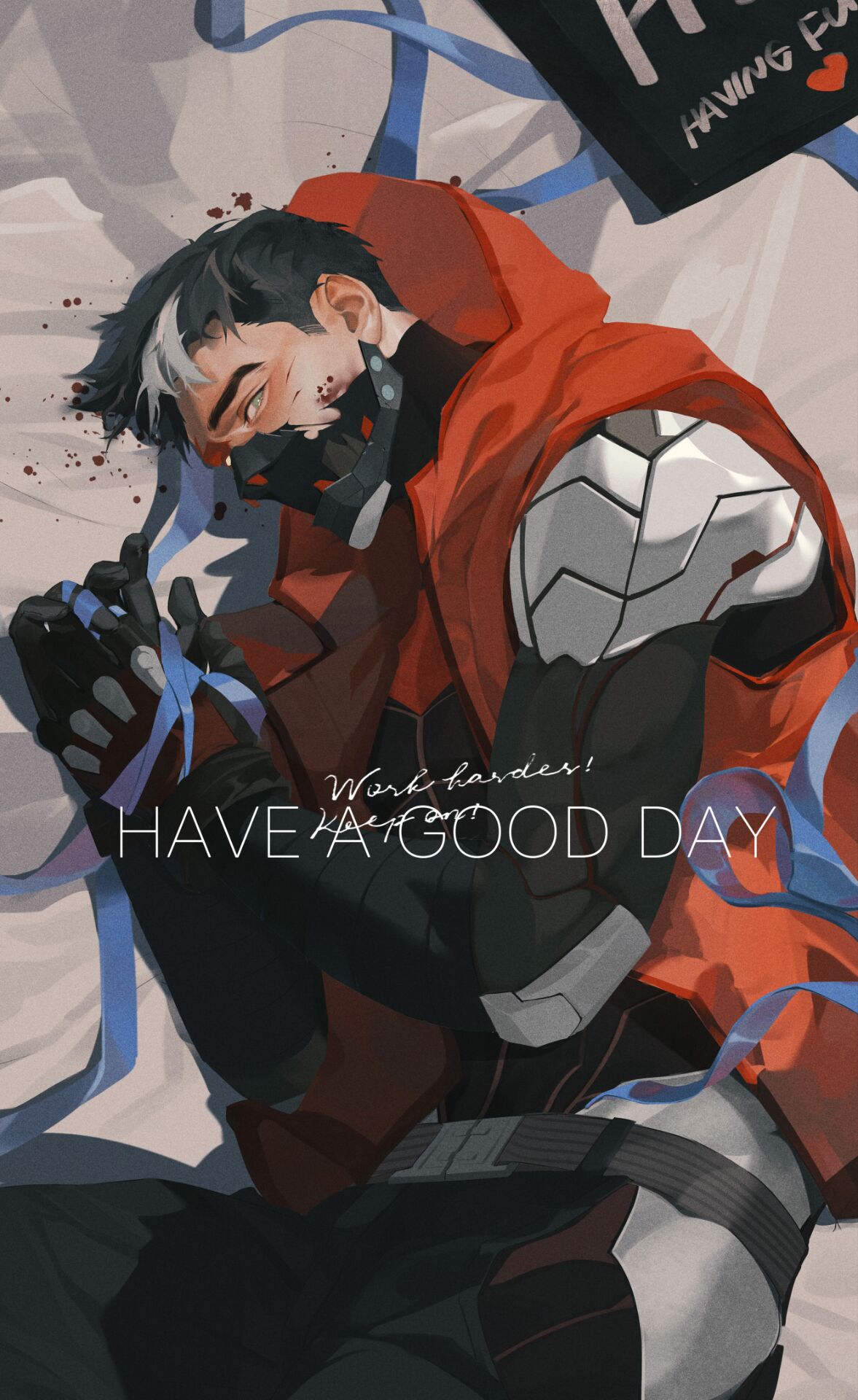 1boy, batman_(series), batman_ninja_vs._yakuza_league, black_gloves, black_hair, bodysuit, covered_mouth, dc_comics, domino_mask, equanyumeng, gloves, grey_bodysuit, half_mask, highres, holding, jacket, jason_todd, looking_at_viewer, male_focus, mask, mouth_mask, muscular, muscular_male, ninja, ninja_mask, open_clothes, red_hood_(dc), red_mask, short_hair, simple_background, two-tone_bodysuit