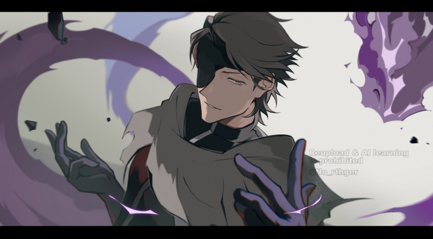 1boy, aizen_sousuke, bleach, bleach:_sennen_kessen-hen, brown_hair, casting_spell, eyepatch, gloves, highres, male_focus, no_rthger, purple_aura, shinigami, solo, spoilers, torn_clothes, yellow_eyes
