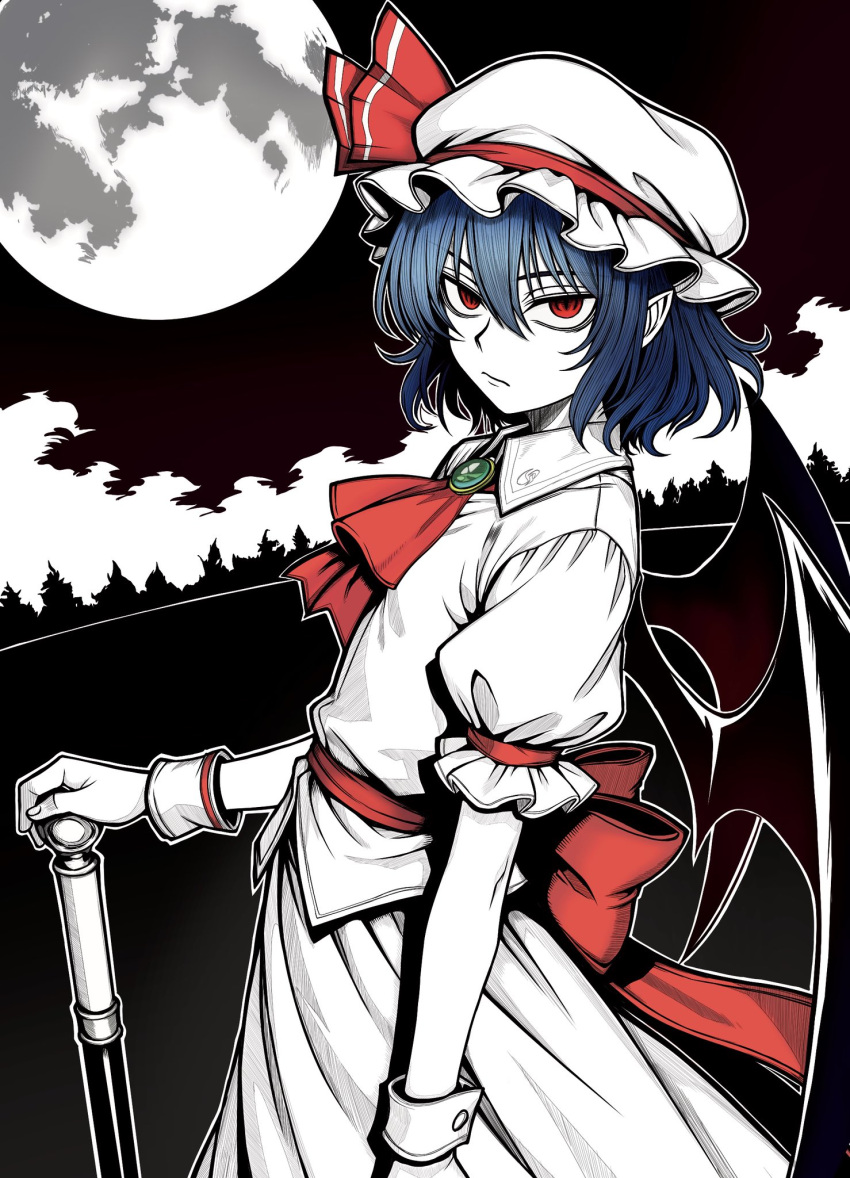 1girl, ascot, bat_wings, blue_hair, brooch, cane, collared_shirt, commentary_request