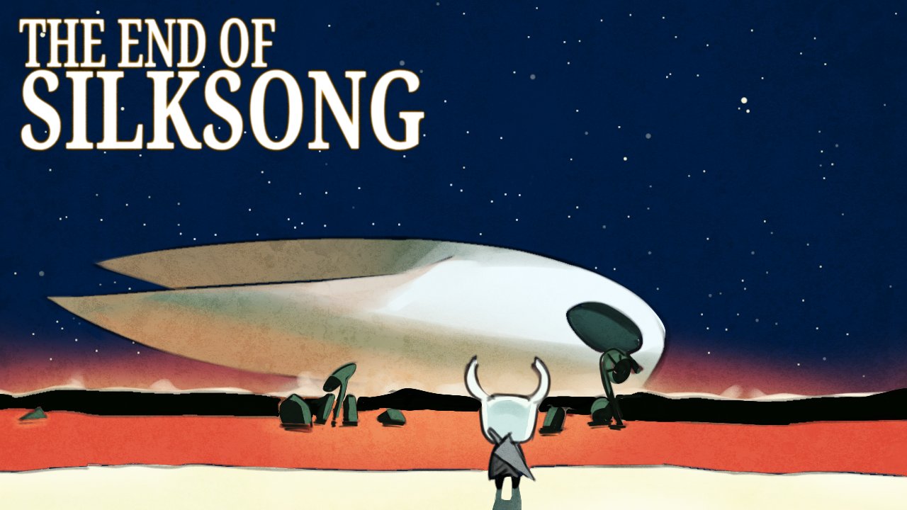 1girl, 1other, bdsans, commentary, english_commentary, facing_away, from_behind, hollow_knight, hollow_knight:_silksong, hornet_(hollow_knight), knight_(hollow_knight), looking_up, nail_(hollow_knight), neon_genesis_evangelion, night, night_sky, parody, sky, standing, star_(sky), starry_sky, the_end_of_evangelion, title_parody, weapon, weapon_on_back