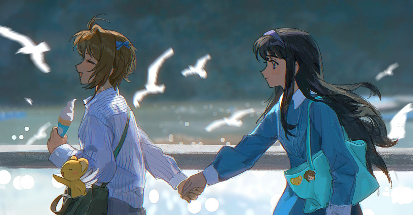 2girls, bag, bird, blue_skirt, blurry, blurry_background, cardcaptor_sakura, chinese_commentary
