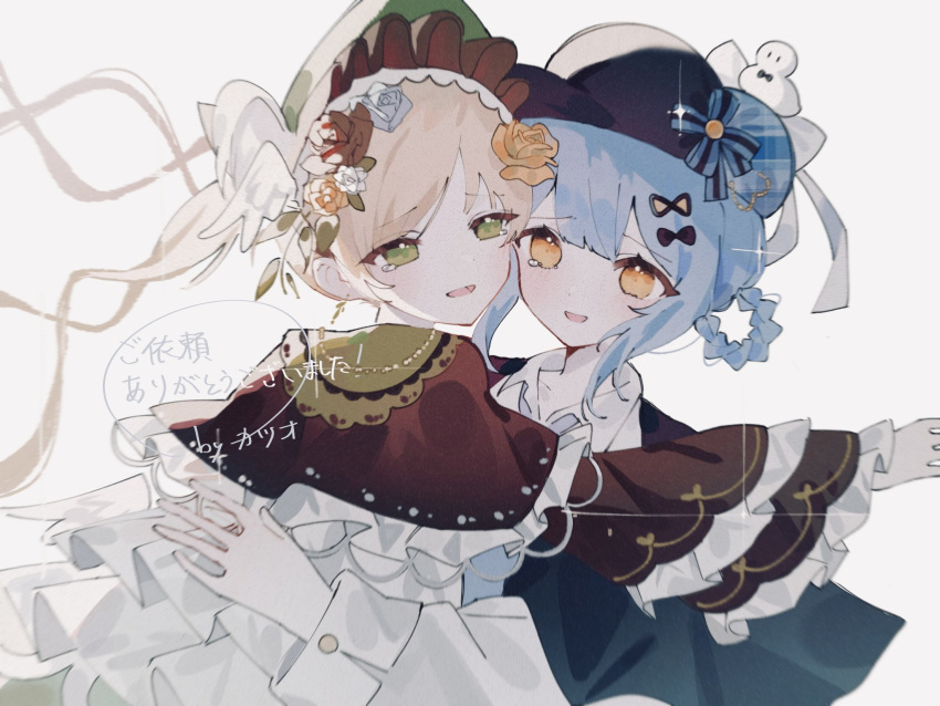 2girls, black_bow, blonde_hair, blue_hair, bonnet, bow, braid, capelet