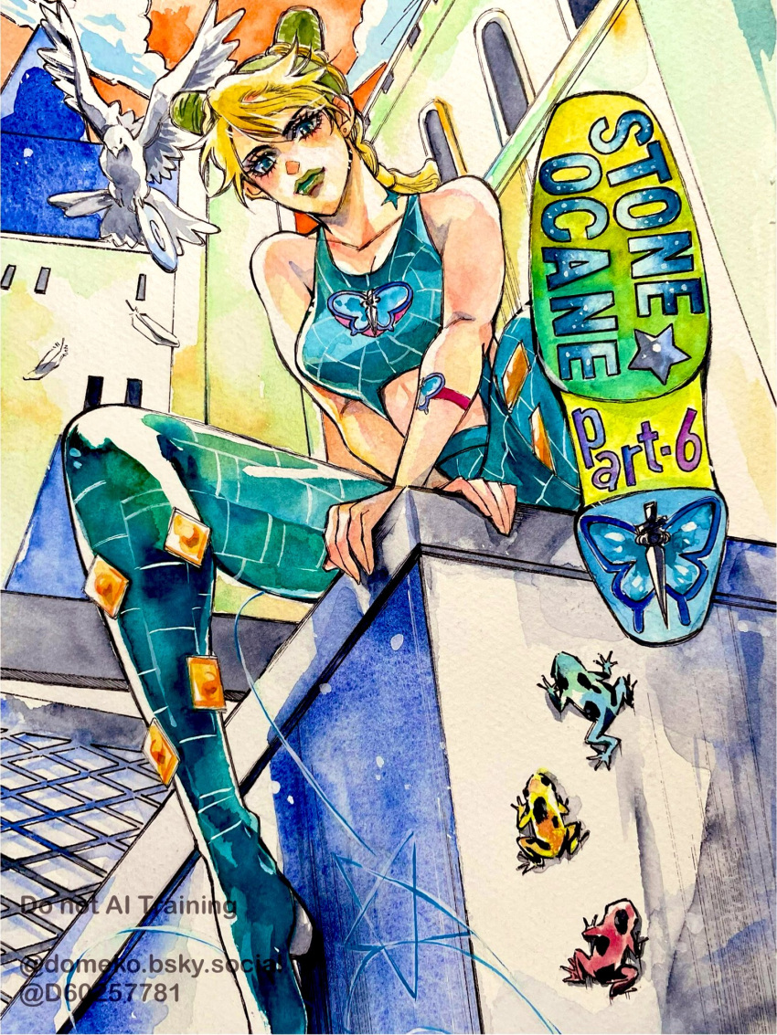 1girl, arm_tattoo, bird, birthmark, blonde_hair, blue_butterfly, blue_eyes, blue_pants, blue_tank_top, braid, braided_ponytail, breasts, bug, building, butterfly, butterfly_tattoo, clouds, commentary_request, cone_hair_bun, crop_top, d60257781, double_bun, english_text, feathers, frog, from_below, green_hair, green_lips, hair_bun, highres, joestar_birthmark, jojo_no_kimyou_na_bouken, kujo_jolyne, makeup, medium_breasts, midriff, multicolored_hair, outdoors, painting_(medium), pants, savage_garden_(jojo), sitting, sky, soles, solo, spider_web_print, stone_ocean, string, tank_top, tattoo, traditional_media, two-tone_hair, watercolor_(medium)