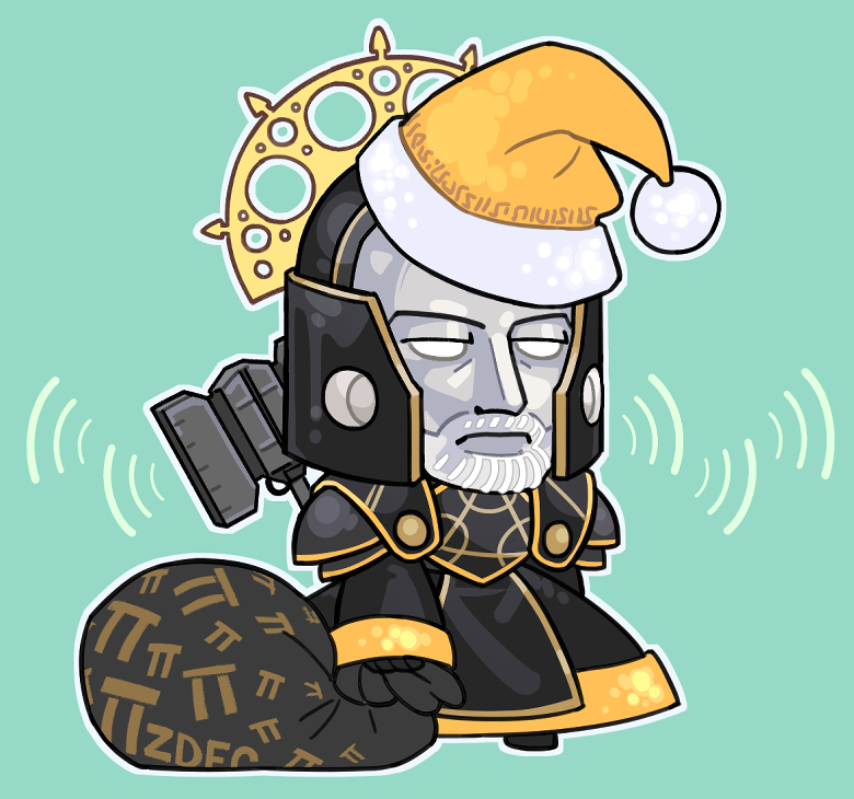 1boy, annoyed, aqua_background, arch, armor, beard, black_armor, black_robe, blank_eyes, body_armor, commentary, e.y.e:_divine_cybermancy, english_commentary, facial_hair, frown, gift_bag, hat, helmet, holding, holding_sack, jitome, mask, meme, mentor_(e.y.e:_divine_cybermancy), outline, padoru_(meme), robe, ryouhiko_ankuu, sack, santa_hat, solo, war_hammer, weapon, weapon_on_back, white_outline, yellow_hat