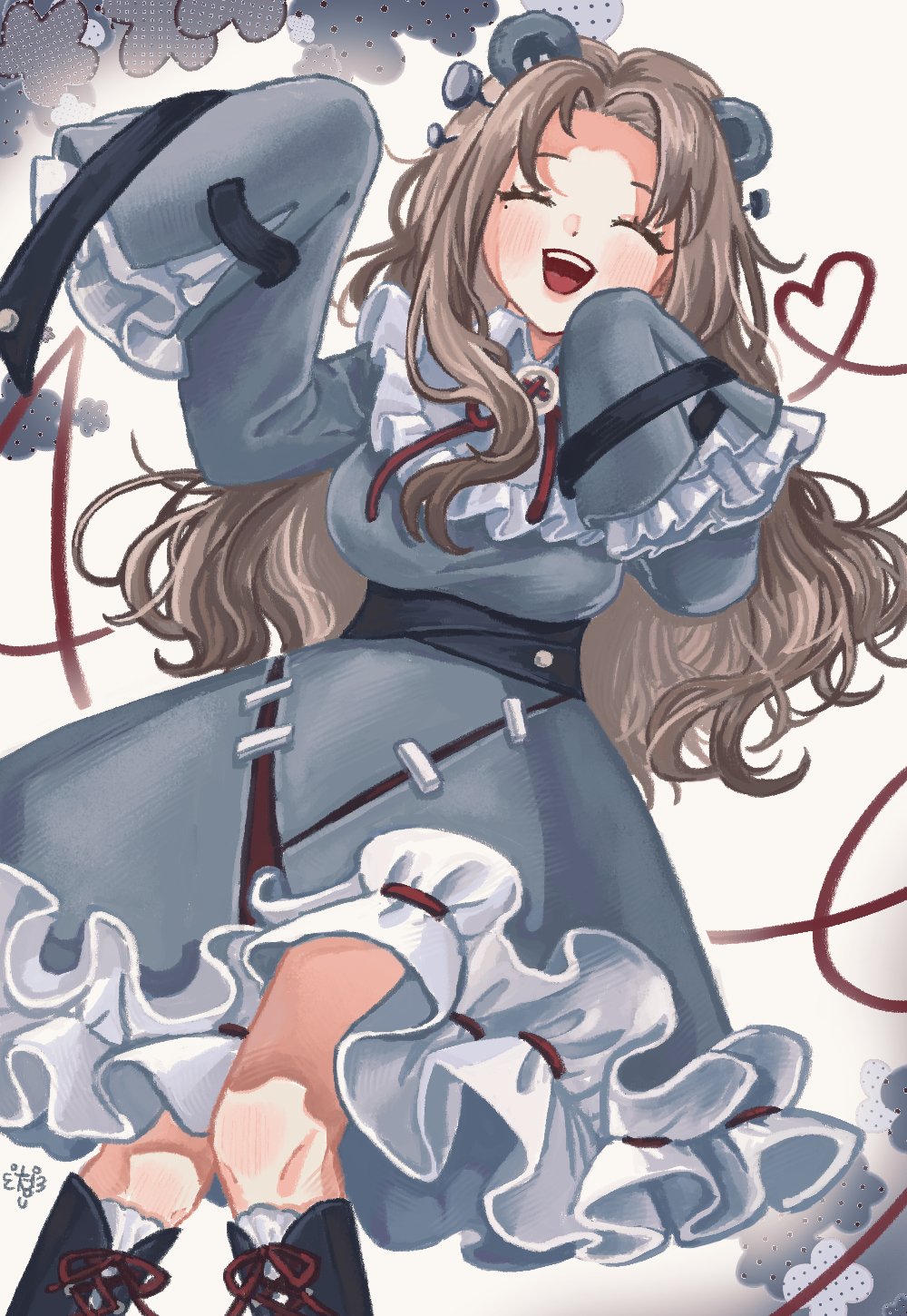 1girl, :d, animal_ears, bear_ears, black_shoes, breasts, brown_hair, closed_eyes