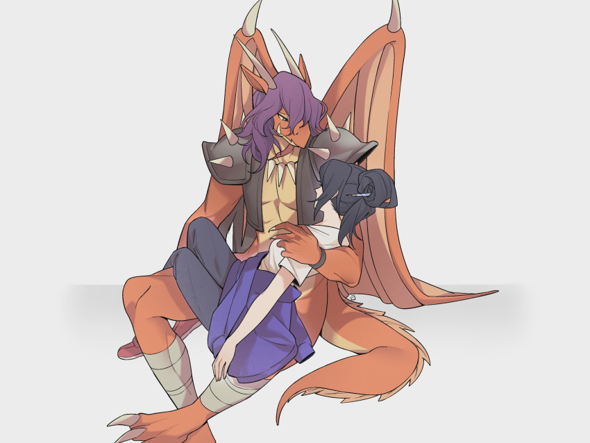 1girl, 1other, absurdres, bandaged_leg, bandages, black_hair, blue_eyes, blue_pants