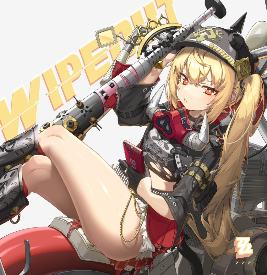 1girl, baseball_bat, black_gloves, black_helmet, blonde_hair, brass_knuckles, combat_helmet, fur-trimmed_shorts, fur_trim, gloves, half_gloves, helmet, highres, holding, holding_baseball_bat, kinos_(kw00789), looking_at_viewer, luciana_de_montefio, mask, mask_around_neck, metal_baseball_bat, micro_shorts, motor_vehicle, motorcycle, open_mouth, orange_eyes, phone, respirator, shorts, side_ponytail, sitting, solo, spiked_jacket, thighs, weapon, white_background, zenless_zone_zero, zzz_wipeout