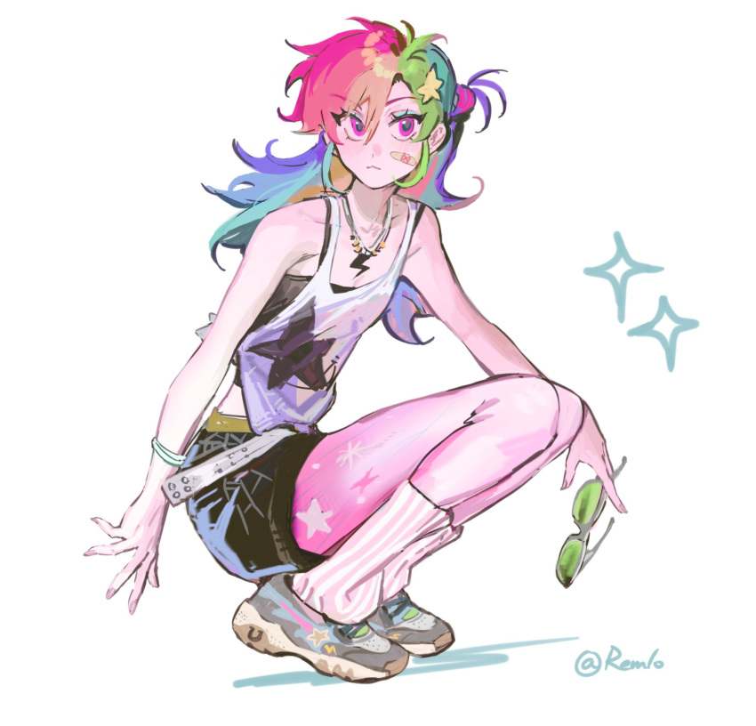 1girl, antenna_hair, aqua_eyeshadow, aqua_hair, bandaid, bandaid_on_cheek, bandaid_on_face, bare_arms
