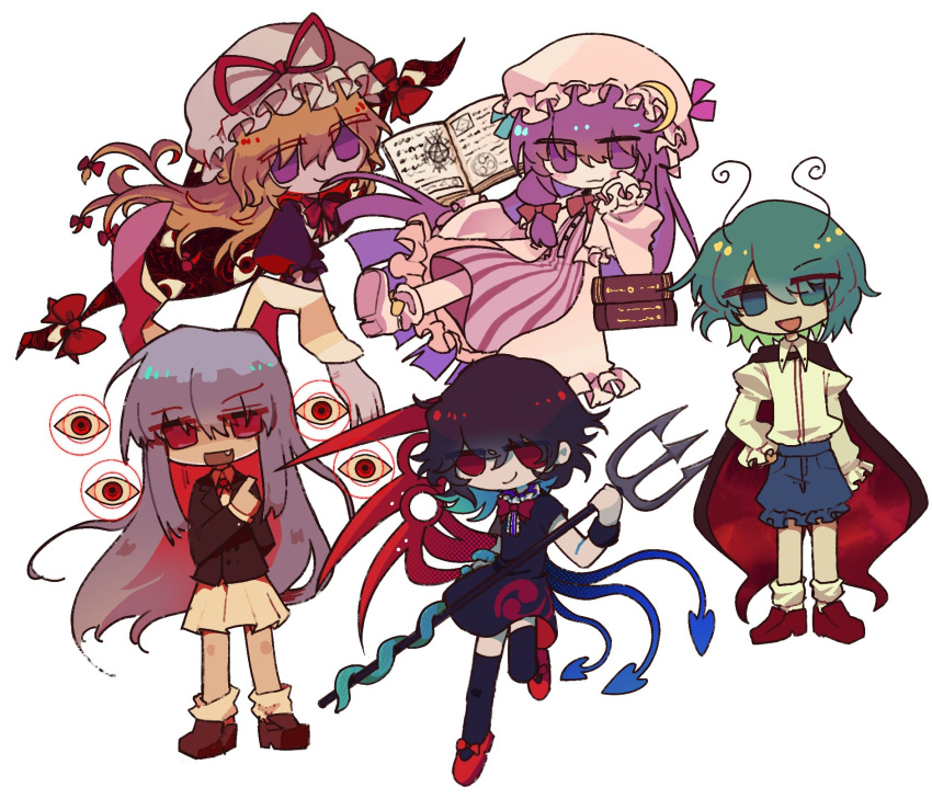 5girls, animal_ears, antennae, asymmetrical_wings, black_cape, black_dress, black_suit, black_thighhighs