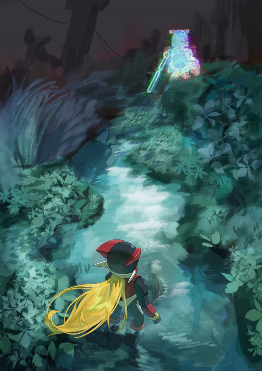 2boys, armor, blonde_hair, cyber_elf_x_(mega_man), forest, from_behind, halo, helmet