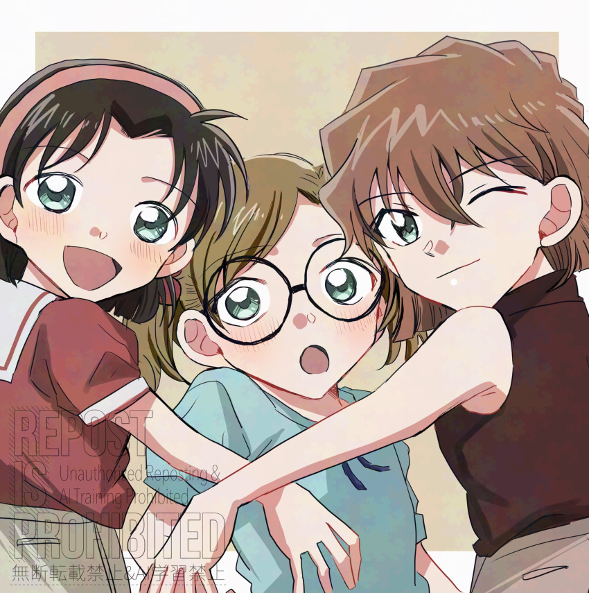 3girls, :d, :o, ;), aqua_shirt, beeemaru02, black-framed_eyewear, black_hair