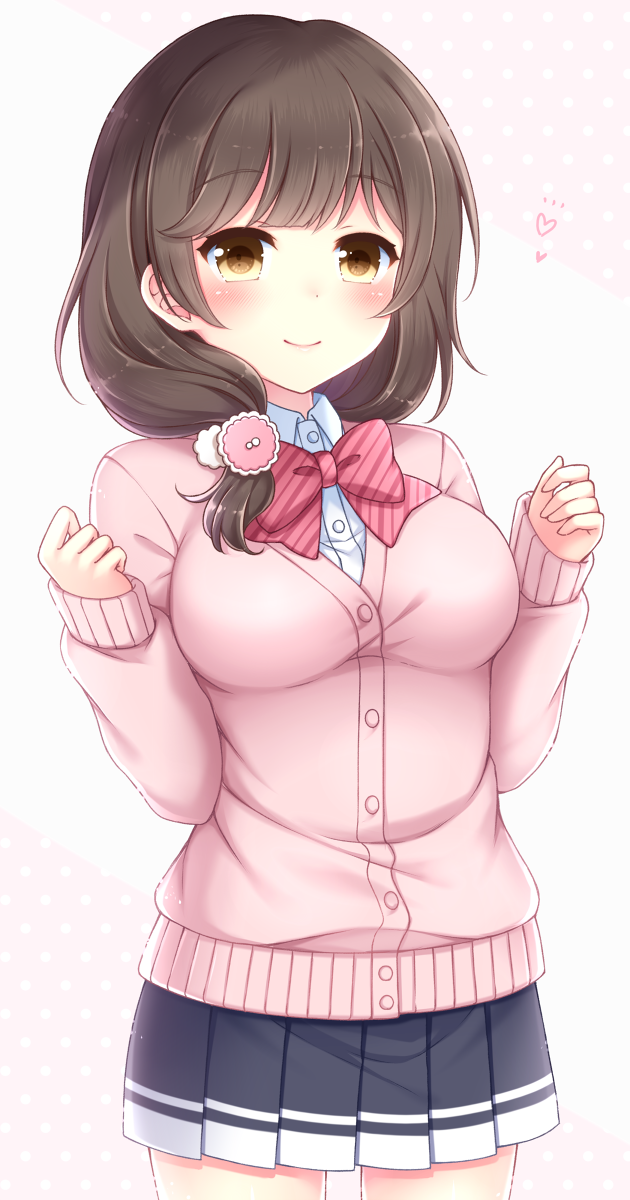 1girl, blush, bow, breasts, brown_eyes, brown_hair, cardigan, cowboy_shot