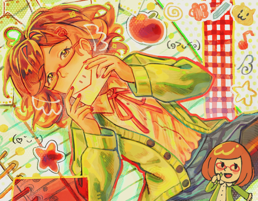 1girl, ahoge, apple, beamed_eighth_notes, black_pantyhose, blue_skirt, blush, blush_stickers, bow, brown-framed_eyewear, brown_eyes, brown_hair, buttons, cardigan, charm_(object), checkered_clothes, chibi, chibi_inset, collared_shirt, colored_text, covered_mouth, covering_own_mouth, dress_shirt, envelope, eyelashes, fingernails, food, fruit, glasses, green_cardigan, green_jacket, green_shirt, hair_ornament, hairclip, hand_over_own_mouth, hands_up, heart, heart_hair_ornament, highres, holding, holding_envelope, humanization, jacket, letter, long_sleeves, looking_at_viewer, love_letter, lying, medium_hair, microphone, mii_(nintendo), miniskirt, musical_note, nail_polish, neck_ribbon, nikki_(swapnote), nintendo, notebook, on_back, open_cardigan, open_clothes, open_jacket, open_mouth, pantyhose, pen, pencil, pink-framed_eyewear, plaid_clothes, plaid_skirt, pleated_skirt, polka_dot, rectangular_eyewear, red-framed_eyewear, red_nails, red_ribbon, revercemii, ribbon, scarf, school_uniform, semi-rimless_eyewear, shirt, shirt_tucked_in, short_hair, skirt, smile, solo, star_(symbol), sticker, swapnote, swept_bangs, treble_clef, triangle, under-rim_eyewear, white_shirt, yellow_cardigan, yellow_shirt