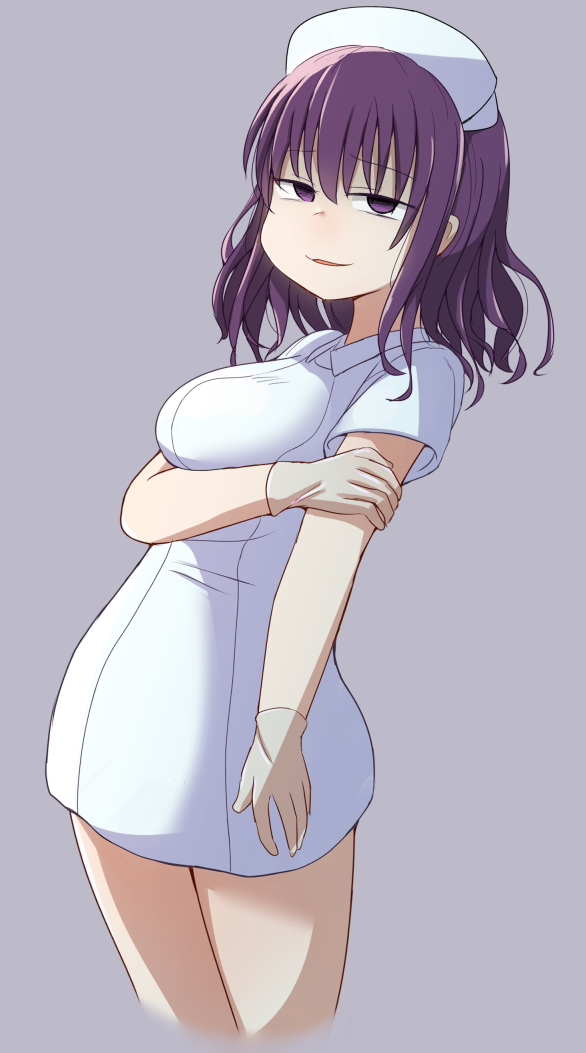 1girl, commentary_request, grey_background, hat, houtei_kara, kurokawa_(sakusei_byoutou), messy_hair, nurse_cap, purple_hair, sakusei_byoutou