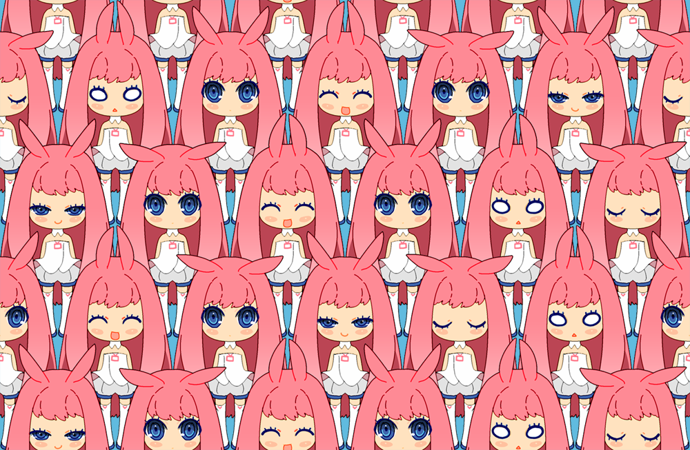 6+girls, antenna_hair, aqua_background, arms_behind_back, bangumi.tv, bangumi_girl, bare_arms, bare_shoulders