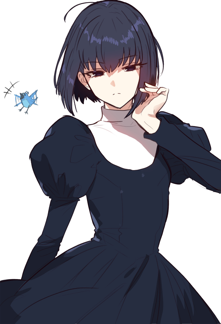 1girl, absurdres, bad_link, bird, black_dress, black_eyes, black_hair, blue_bird, closed_mouth, dress, ebora, expressionless, hand_to_head, hand_up, highres, juliet_sleeves, kuonji_alice, long_sleeves, looking_at_viewer, lost_robin_rondo, mahou_tsukai_no_yoru, puffy_sleeves, reien_girl's_academy_school_uniform, school_uniform, short_hair, simple_background, solo, white_background
