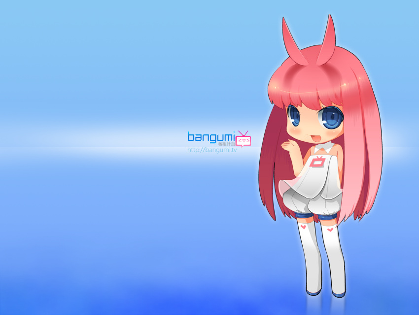 1girl, :d, antenna_hair, arm_behind_back, bangumi.tv, bangumi_girl, bare_arms, bare_shoulders