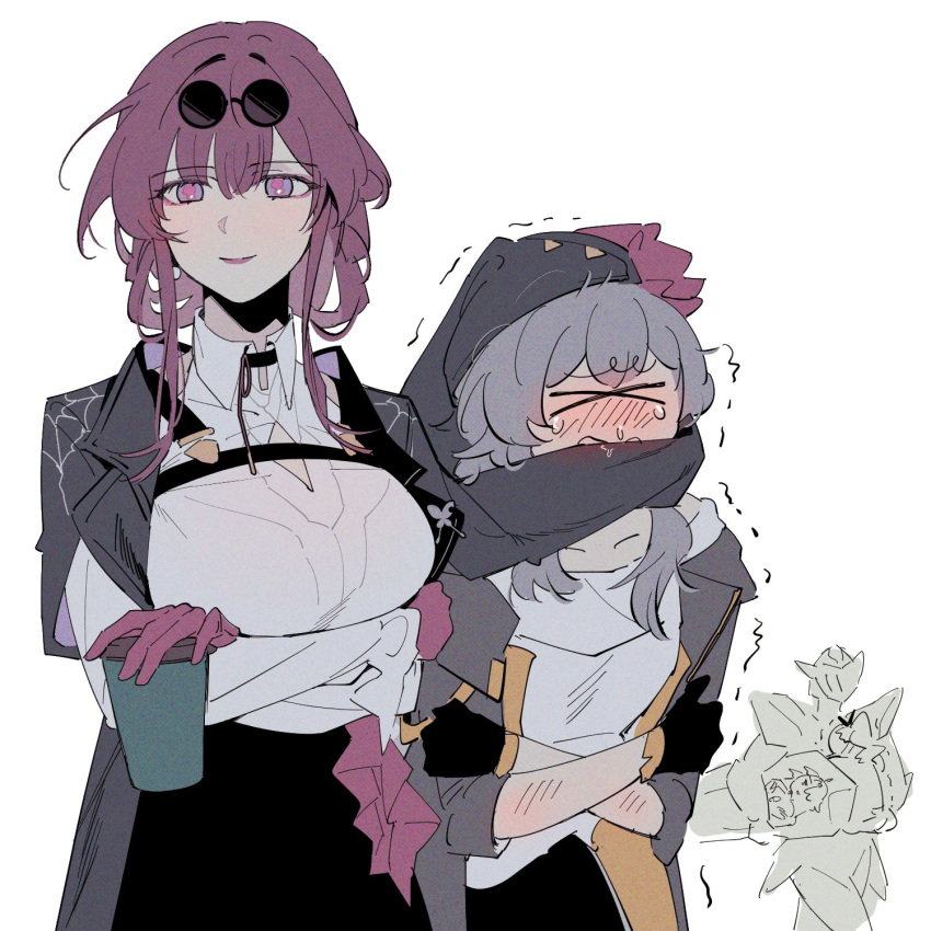 >_<, 1boy, 3girls, armor, back, black_choker, black_gloves, black_jacket