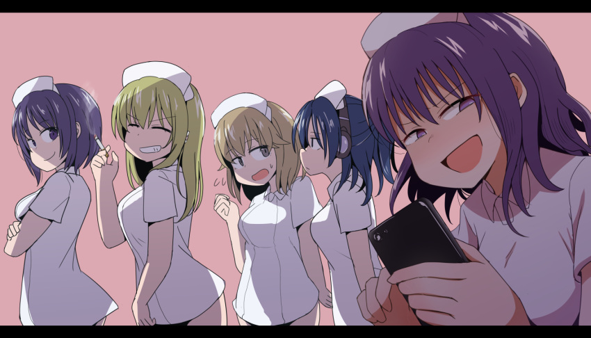 5girls, blonde_hair, blue_hair, cellphone, hat, headphones, hiramatsu_(sakusei_byoutou), houtei_kara
