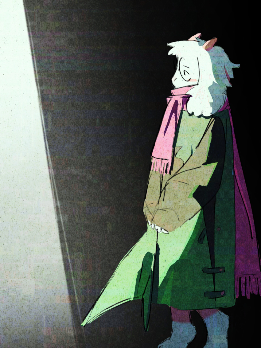 1boy, animal_ears, commentary, deltarune, english_commentary, furry, furry_male, glasses, goat_boy, goat_ears, goat_horns, green_robe, highres, horns, long_sleeves, male_focus, morick, pink_scarf, ralsei, robe, scarf, solo, utdr_(toby_fox), white_fur