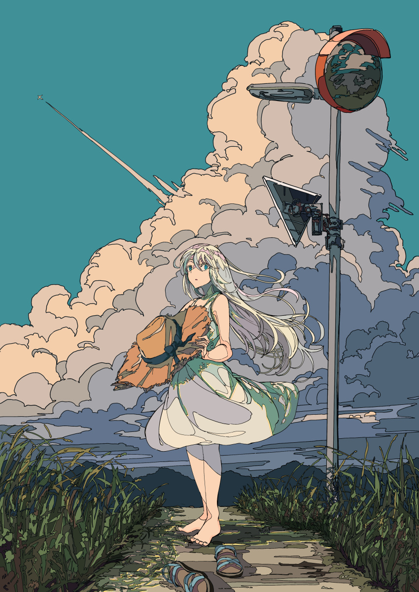 1girl, absurdres, barefoot, blue_eyes, blue_sky, clouds, cloudy_sky, commentary_request