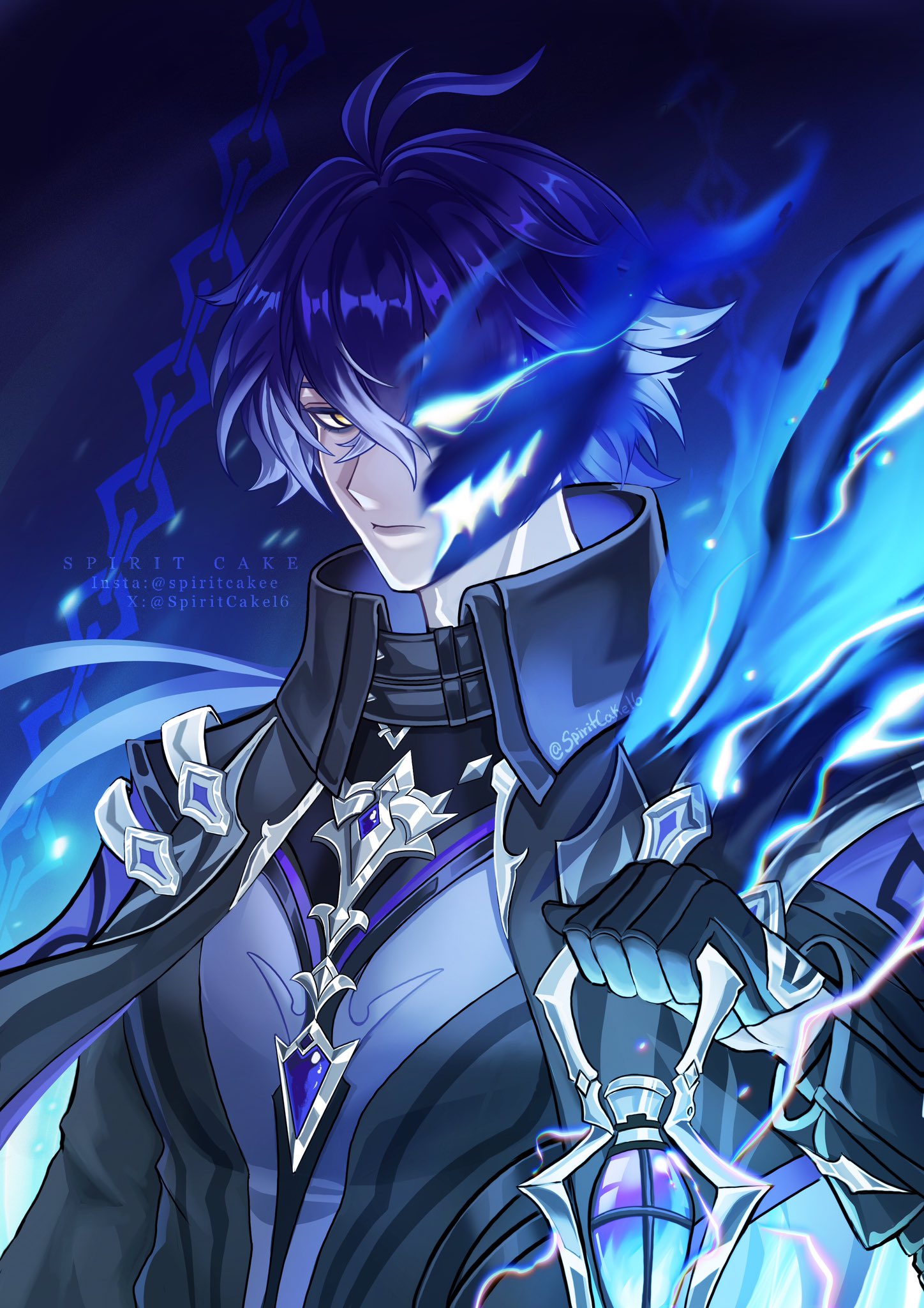 1boy, ahoge, artist_name, bags_under_eyes, black_coat, black_gloves, blue_background, blue_fire