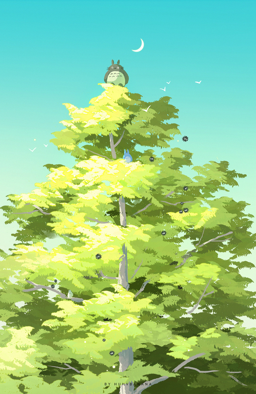 artist_name, blue_sky, chibi_totoro, chuu_totoro, commentary, creature, crescent_moon, day, highres, huhv., moon, no_humans, outdoors, scenery, simple_bird, sky, studio_ghibli, susuwatari, tonari_no_totoro, totoro, tree