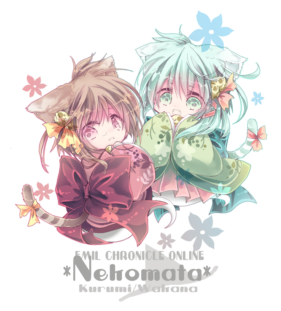 2girls, animal_ears, bell, brown_hair, brown_tail, cat_ears, cat_girl, cat_tail