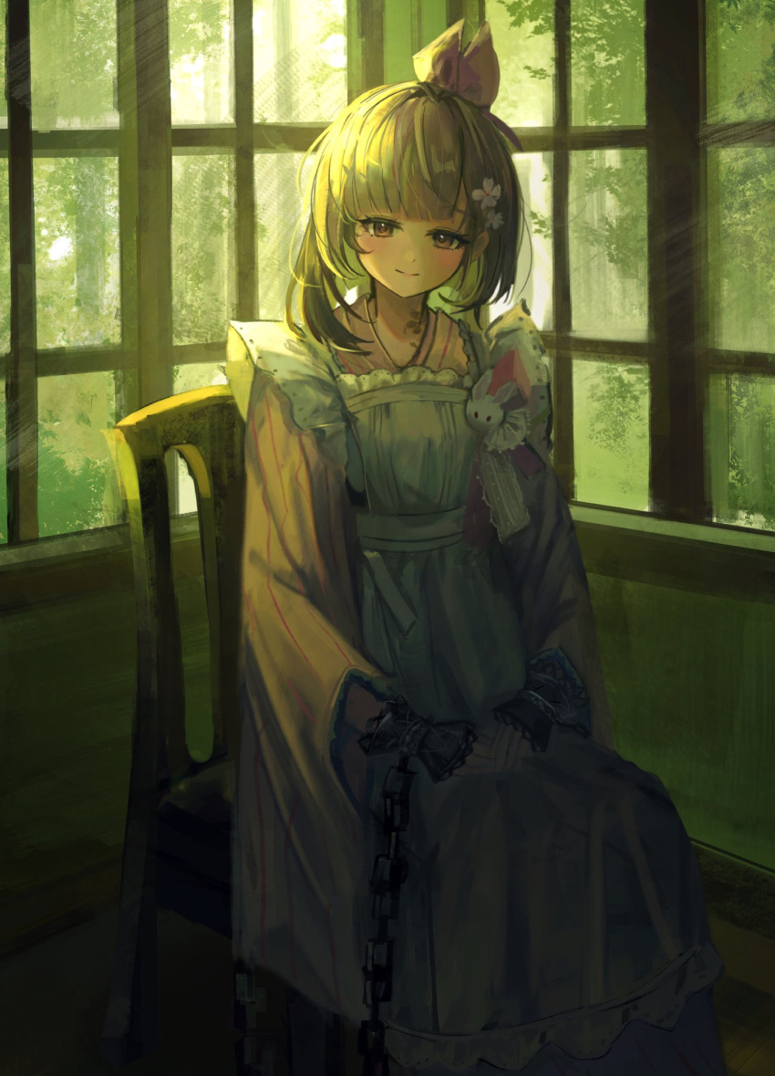1girl, apron, backlighting, bow, brown_eyes, brown_hair, chain, chair