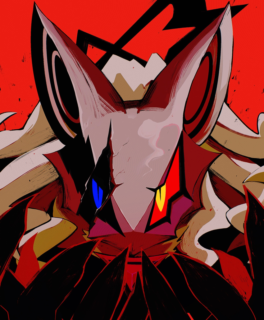 1boy, 93mai, black_gloves, broken_mask, furry, furry_male, gloves, heterochromia, highres, infinite_(sonic), looking_at_viewer, male_focus, mask, red_background, red_theme, solo, sonic_(series), sonic_forces, upper_body, yellow_eyes