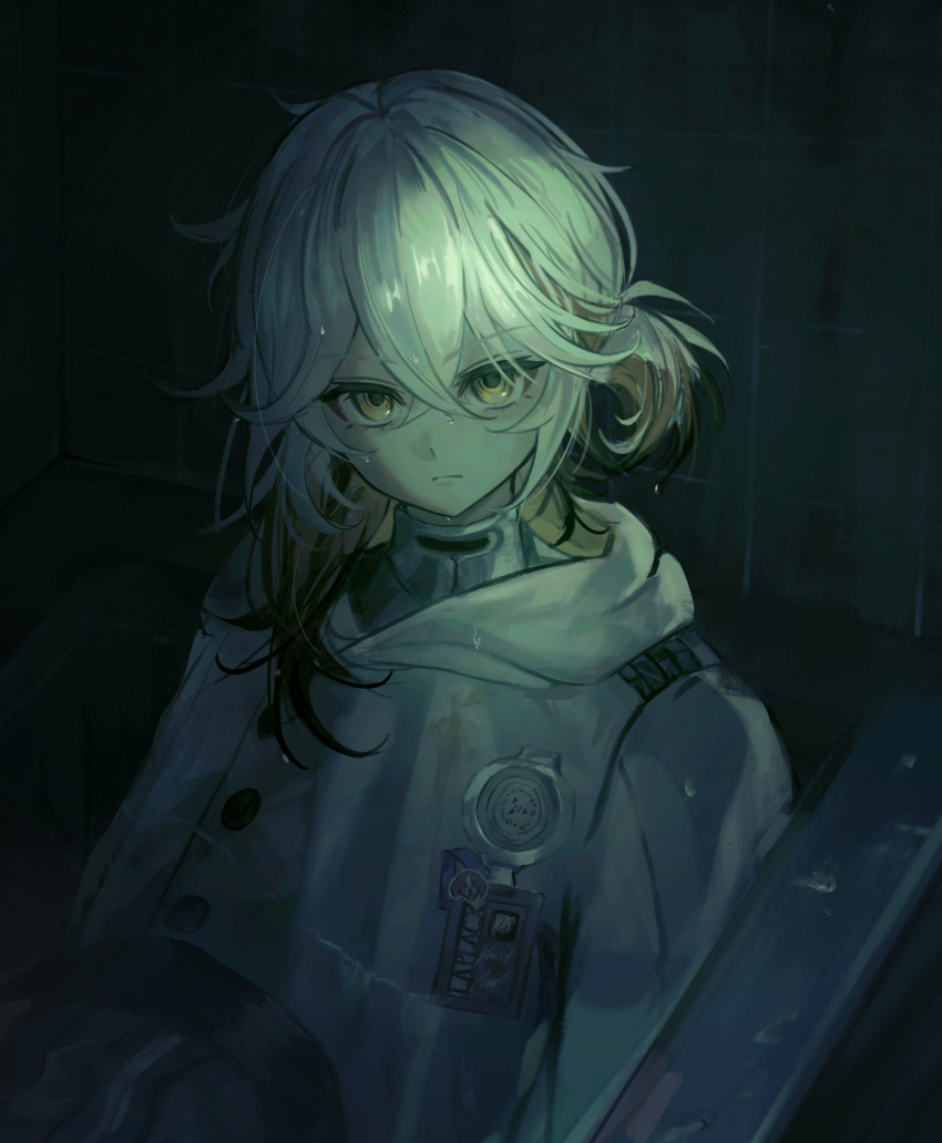 1other, absurdres, capelet, closed_mouth, colored_tips, crossed_bangs, dark_background, dim_lighting