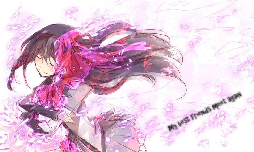 akemi_homura, bad_id, closed_eyes, eyes_closed, hair_ribbon, kaname_madoka, long_hair, magical_girl, mahou_shoujo_madoka_magica, petals, ribbon, smile, solo, spoilers, yuuki-akira