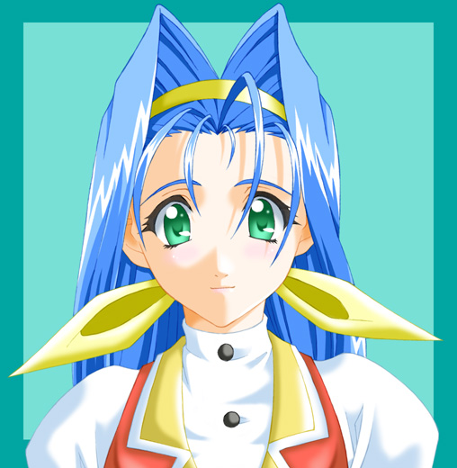 1girl, 2000s_(style), bad_id, blue_background, blue_hair, buttons, closed_mouth, commentary_request