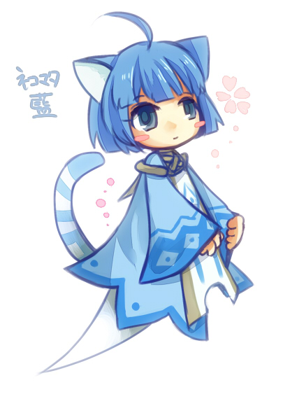 1girl, ahoge, akamomosiro, animal_ears, blue_dress, blue_eyes, blue_hair, blue_tail
