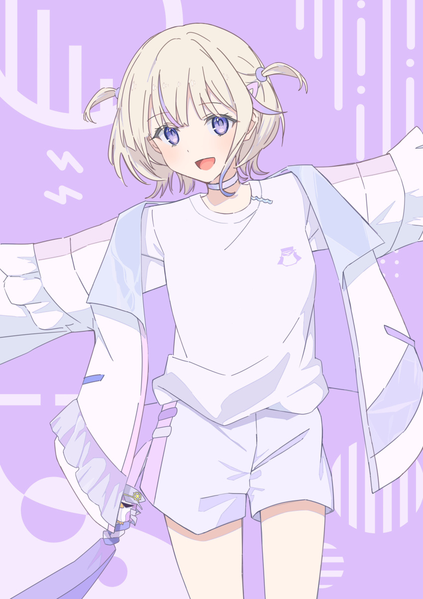 1girl, absurdres, arm_up, blonde_hair, choker, cowboy_shot, hair_ornament, highres