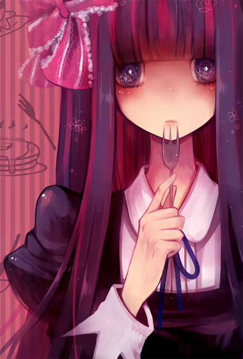 artist_request, bow, error, food, fork, long_hair, masha_(twinbox), multicolored_hair