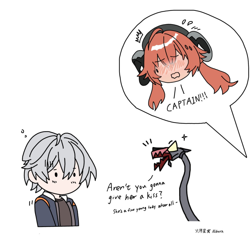 1boy, 2girls, black_hat, blush, english_text, goat_horns, grey_hair, hat