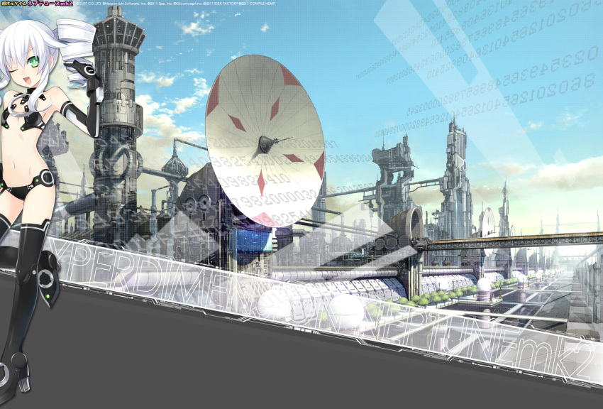 black_legwear, black_sister, choujigen_game_neptune, choujigen_game_neptune_mk2, cityscape, drill_hair, flat_chest, green_eyes