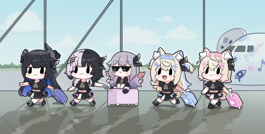 5girls, :3, absurdres, aircraft, airplane, airport, alternate_costume, animal_ear_fluff