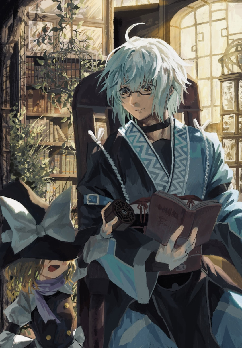 1boy, 1girl, bababa, black_choker, black_hat, black_vest, blonde_hair, blue_scarf, blush, book, bookshelf, bow, brown_eyes, buttons, cabinet, chair, choker, commentary_request, fang, foliage, grey_hair, hat, hat_bow, hat_over_eyes, highres, holding, holding_book, holding_weapon, indoors, japanese_clothes, kirisame_marisa, kourindou, light_rays, light_smile, long_sleeves, looking_at_another, looking_down, medium_hair, mini-hakkero, morichika_rinnosuke, on_chair, open_book, open_mouth, plant, scarf, shirt, short_hair, sitting, skin_fang, smile, sunbeam, sunlight, touhou, vest, vines, weapon, white_bow, white_shirt, window, witch_hat, yin_yang