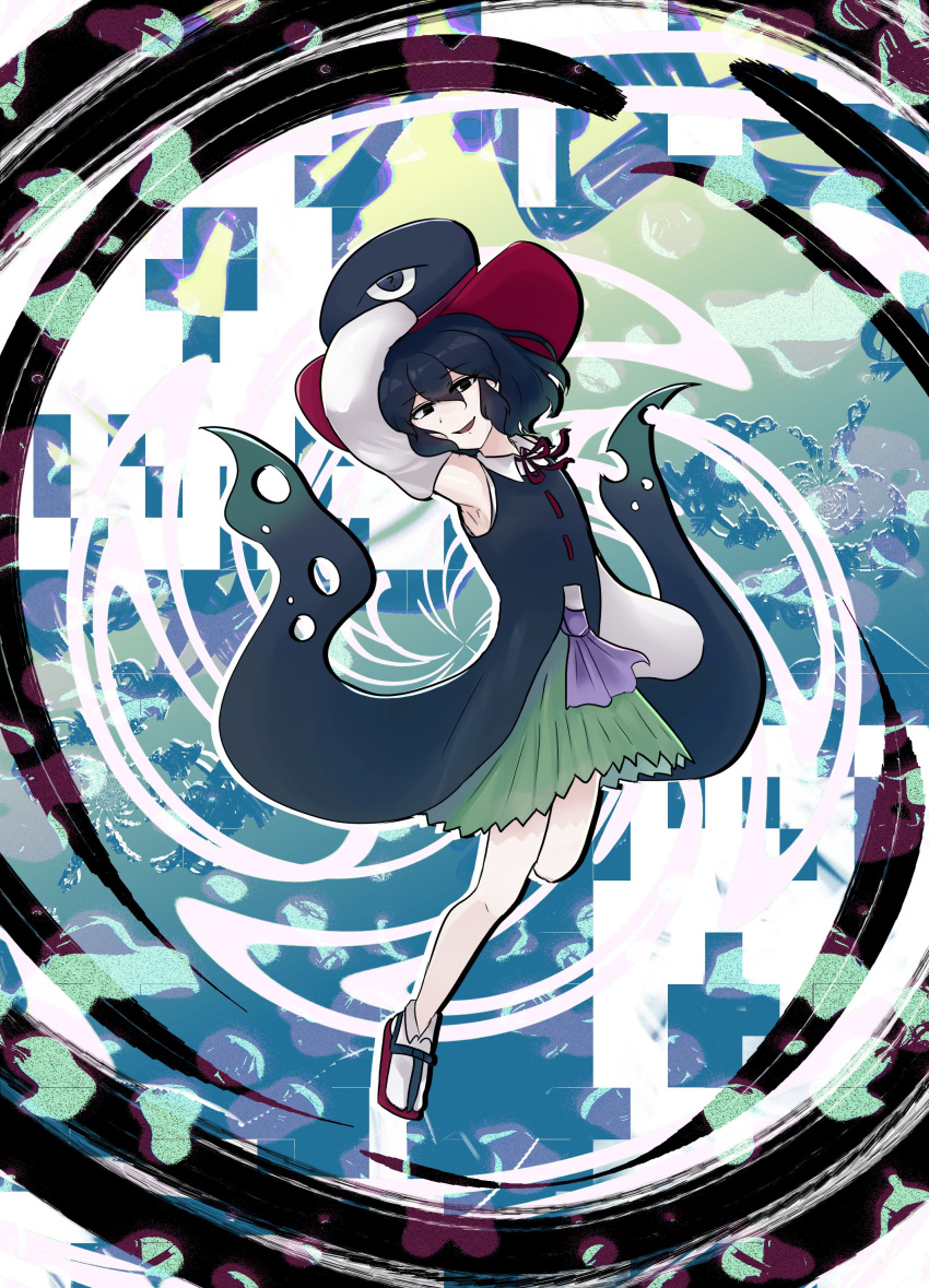 1other, abstract_background, absurdres, androgynous, bare_legs, bare_shoulders, black_coat, black_eyes
