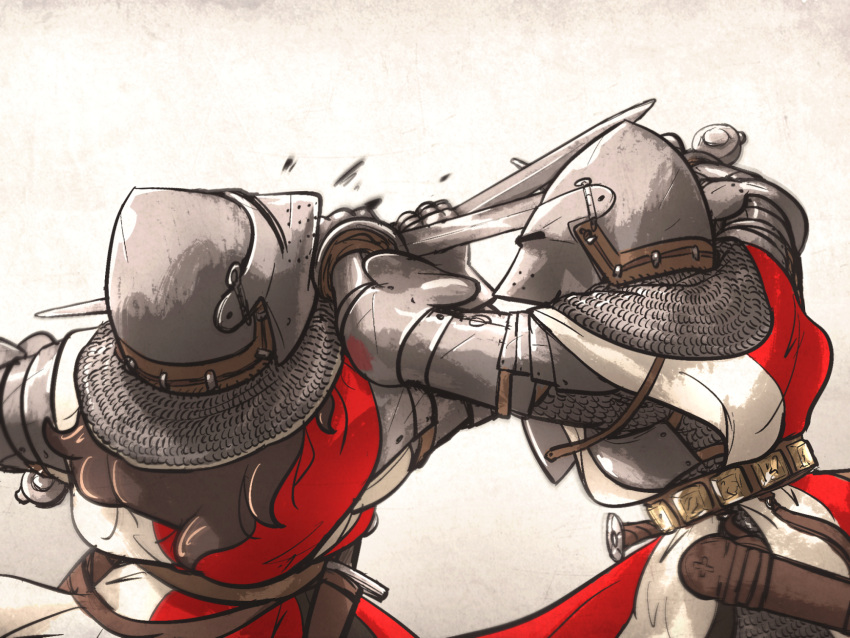 2girls, armor, aventail, bascinet, belt, breastplate, brown_hair, chainmail