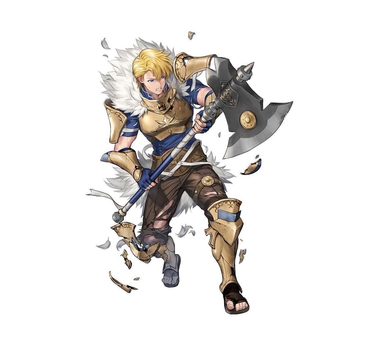 1boy, armor, axe, battle_axe, battle_damage, belt, blonde_hair, blue_eyes