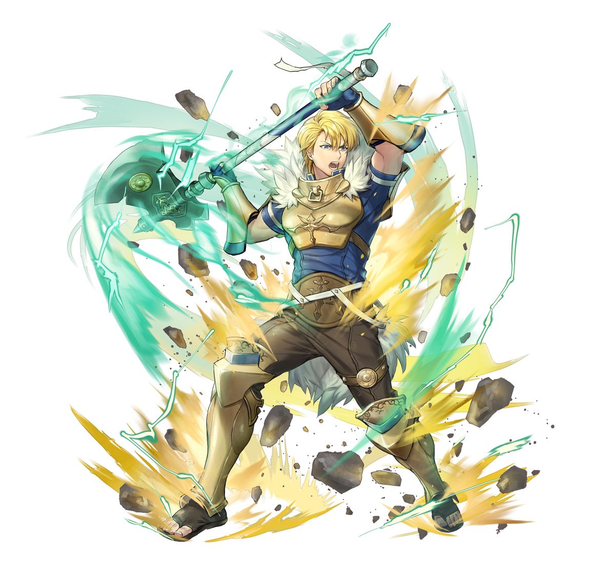 1boy, armor, attack, axe, battle_axe, belt, blonde_hair, blue_eyes