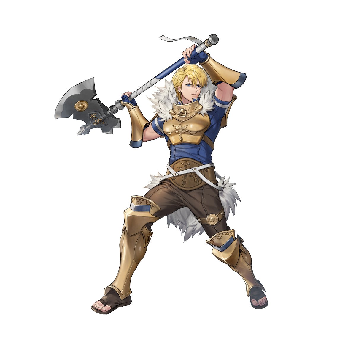 1boy, armor, attack, axe, battle_axe, belt, blonde_hair, blue_eyes