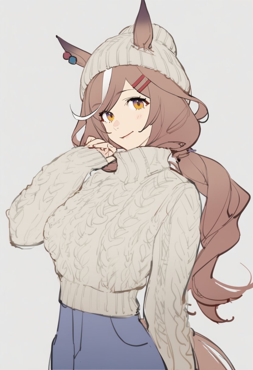 1girl, alternate_costume, animal_ears, beanie, blue_pants, breasts, brown_eyes, brown_hair