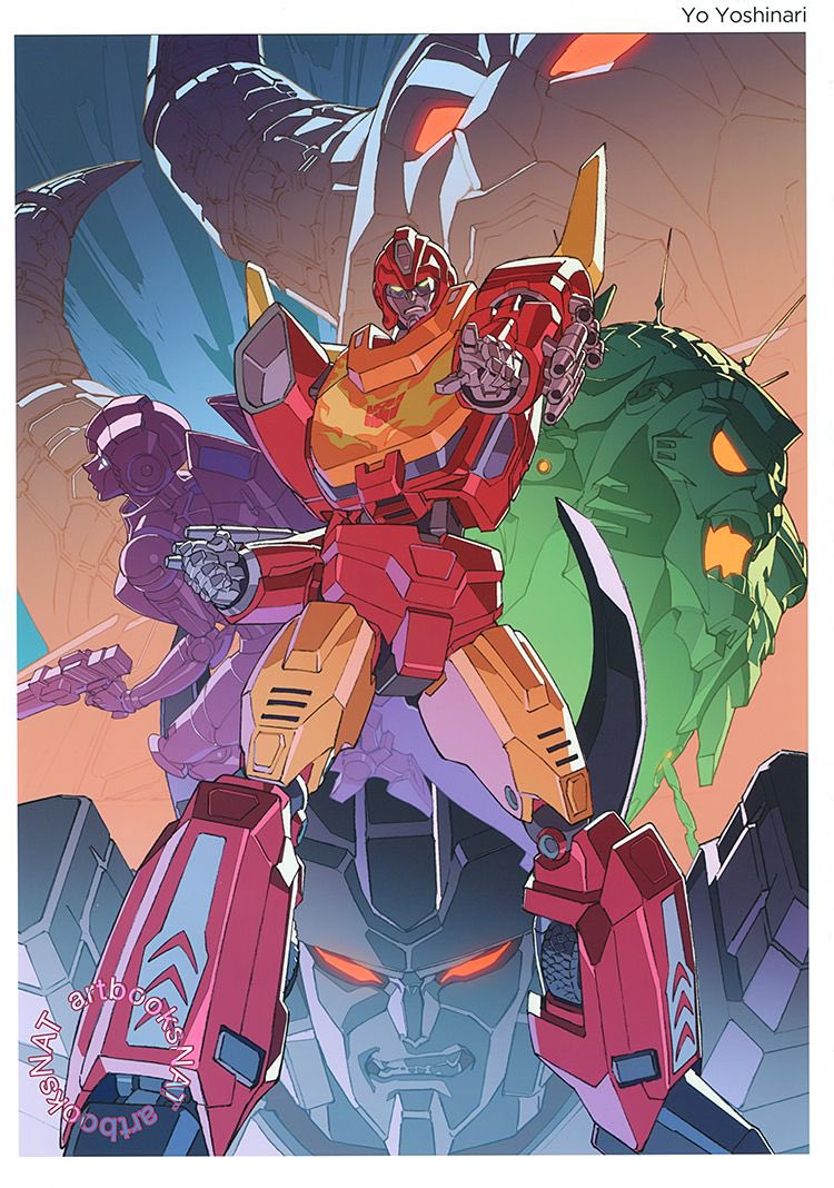 1girl, 3boys, arcee, hot_rod_(transformers), multiple_boys, no_humans, quintessa, second-party_source