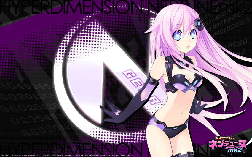 :o, bikini, black_legwear, blue_eyes, breasts, choujigen_game_neptune, choujigen_game_neptune_mk2, cleavage, elbow_gloves, gloves, hair_ornament, highres, long_hair, navel, nepgear, nepgear_(neptune), official_art, purple_hair, purple_sister, solo, swimsuit, symbol-shaped_pupils, thighhighs, tsunako