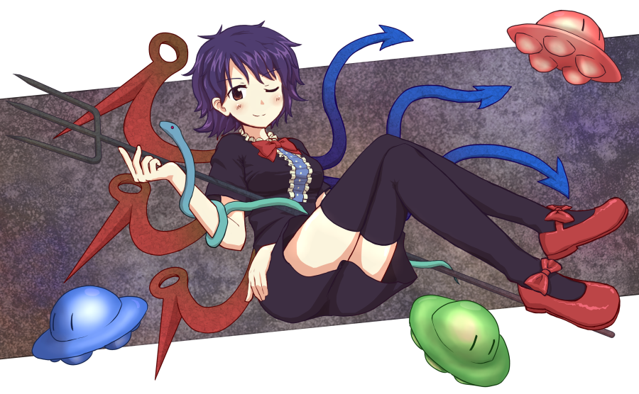 1girl, asymmetrical_wings, black_dress, black_hair, black_thighhighs, blush, bow, bowtie