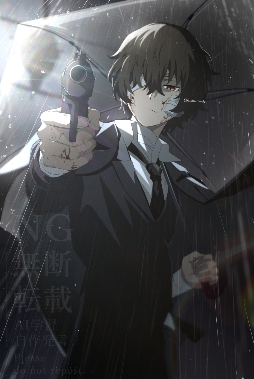 1boy, absurdres, aiming, aiming_at_viewer, bandaged_head, bandages, black_jacket, black_necktie